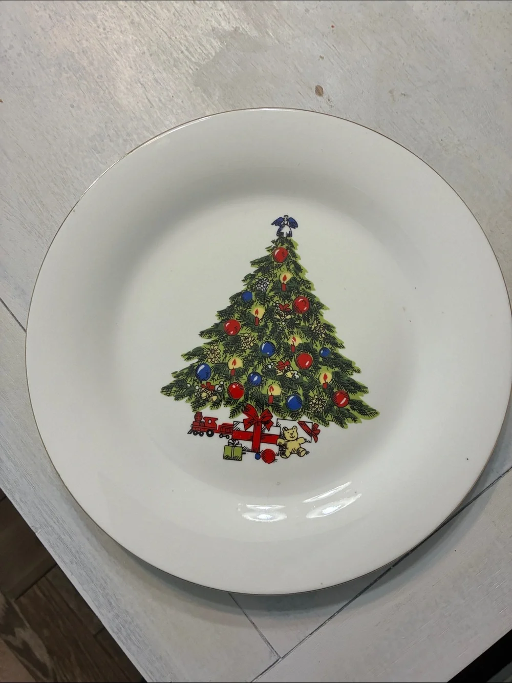 Classic White Holiday Tree Dinner Plate - Green & Red